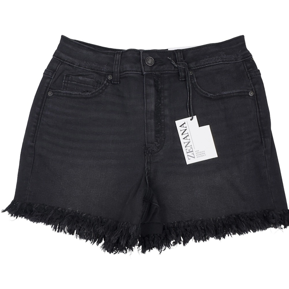 NWT Zenana Women's High Waisted Frayed Hem Denim Shorts Washed Black M Boho Edgy